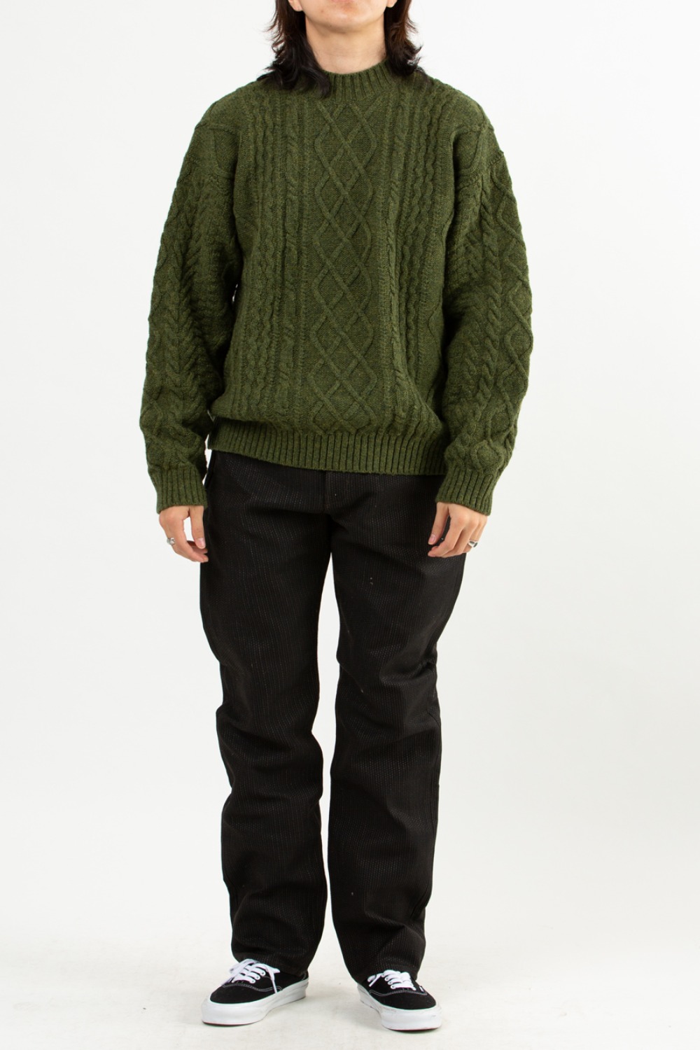 5G WOOL CABLE KNIT ELBOW-CAPITAL CREW SWEATER KHAKI