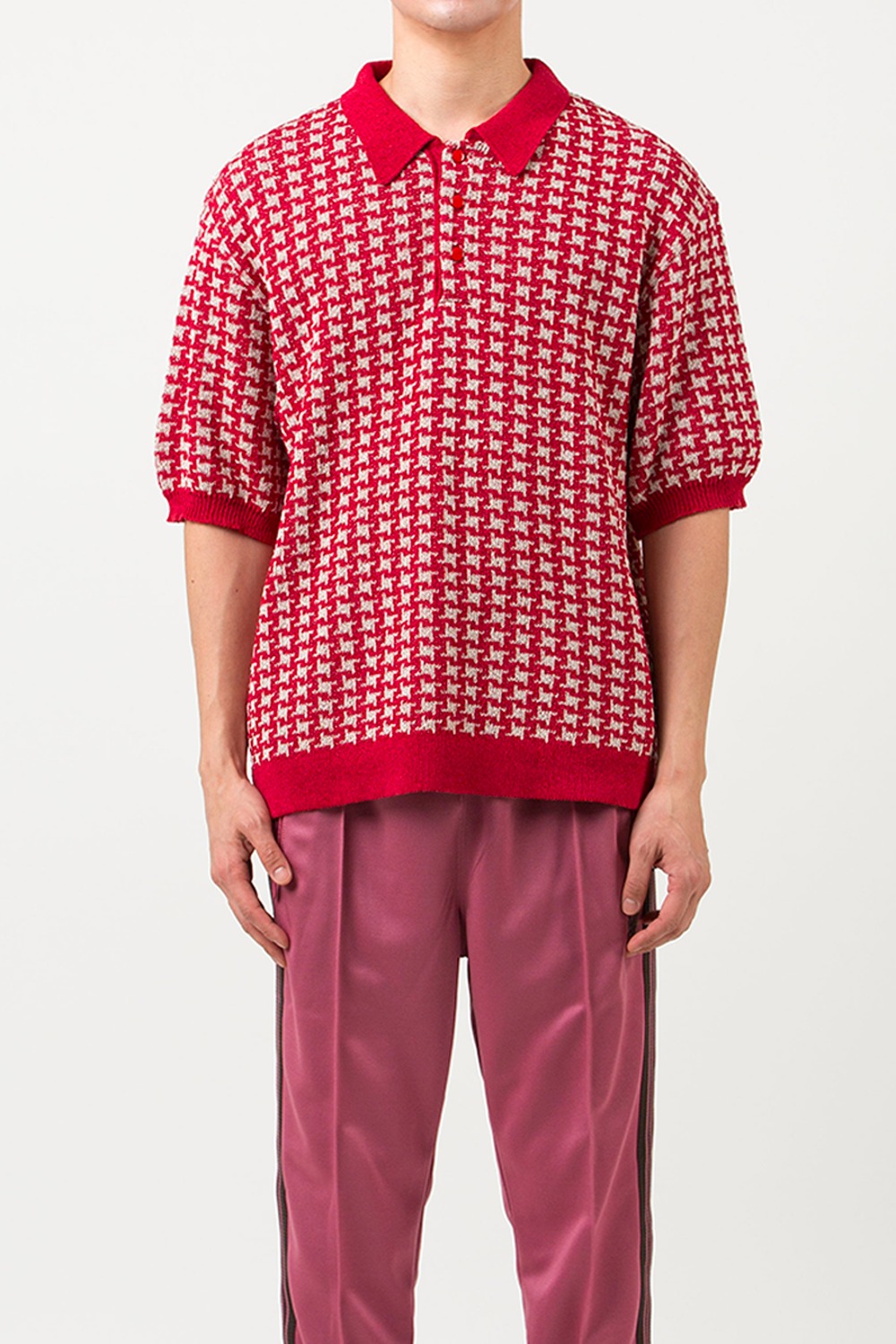 (23SS) RED NEEDLES POLO SWEATER - HOUNDSTOOTH